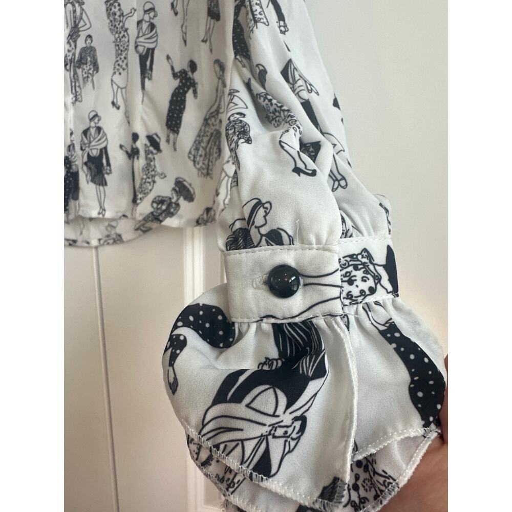 Blingdor White Chiffon Button up Ruffle Blouse with Outlined Women Novelty Print - Picture 4 of 10